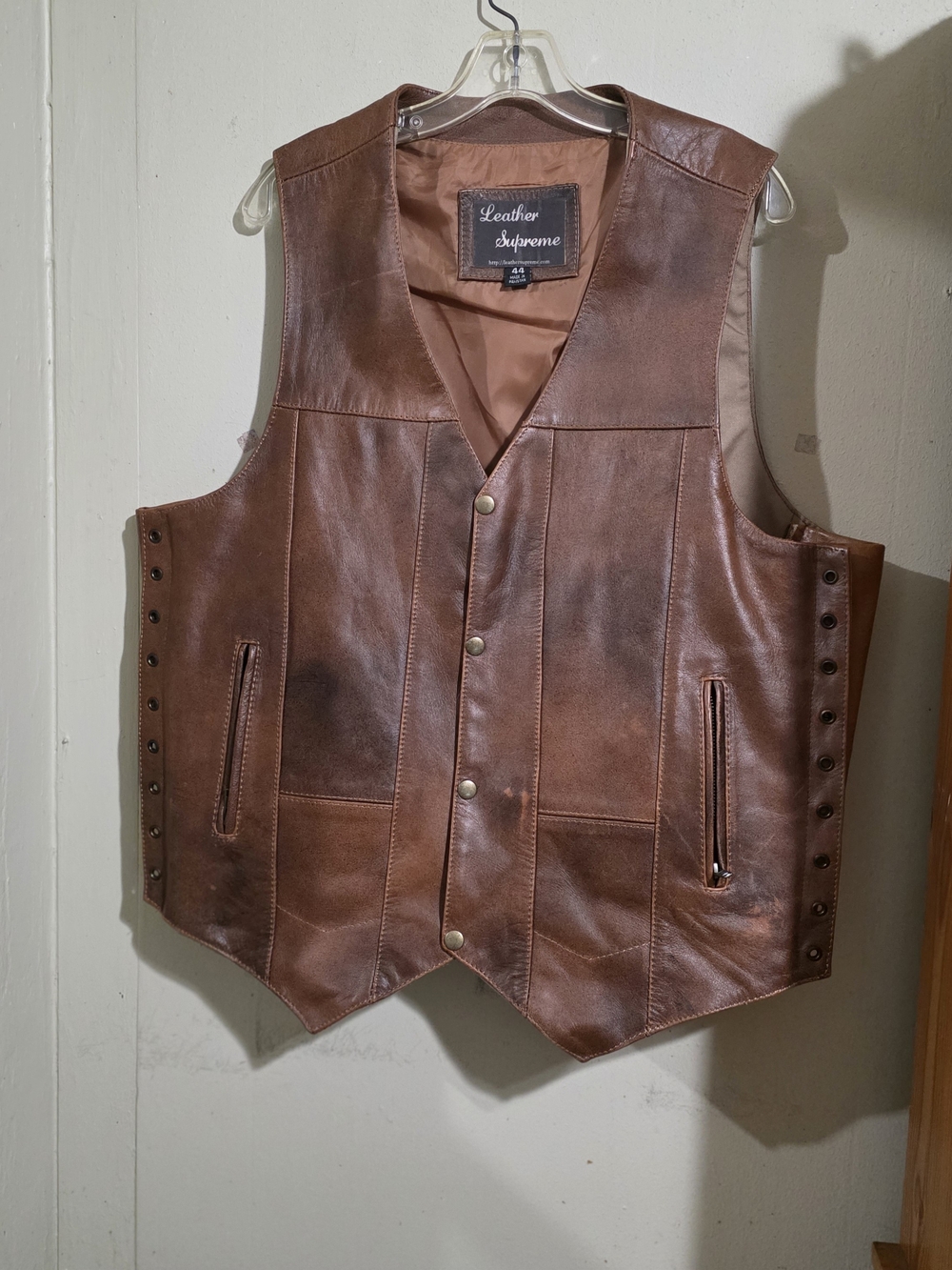 Leather Supreme Mens Brown Leather Motorcycle Biker Vest Size 44